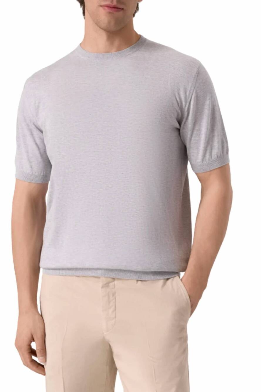 NEW MOORER crew neck short sleeve knit sweater in light grey